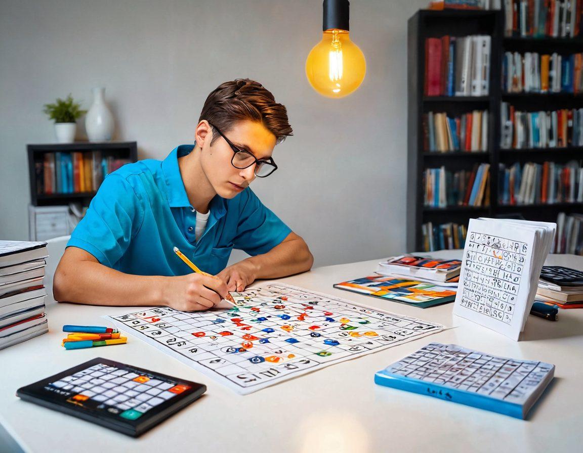 A captivating image of a person sitting at a desk, intensely focused on a Sudoku puzzle with a pencil in hand, surrounded by stacks of Sudoku books and notes. In the background, a glowing lightbulb symbolizes new ideas and strategies, while a progression chart shows the journey from beginner to expert. Include vibrant colors and a hint of abstract design to represent growth and transformation. super-realistic. vibrant colors. white background.