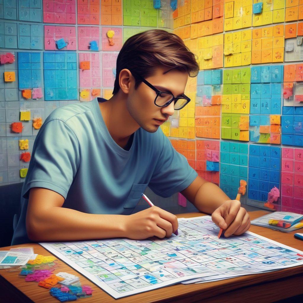 A vibrant and detailed illustration of a person deeply focused on solving a complex Sudoku puzzle, surrounded by colorful Sudoku grids in various stages of completion. Include brain-like gears or light bulbs above their head to symbolize strategic thinking and problem-solving. Background elements such as hints and tips written on sticky notes can create an engaging atmosphere for puzzle enthusiasts. super-realistic. vibrant colors. 3D.
